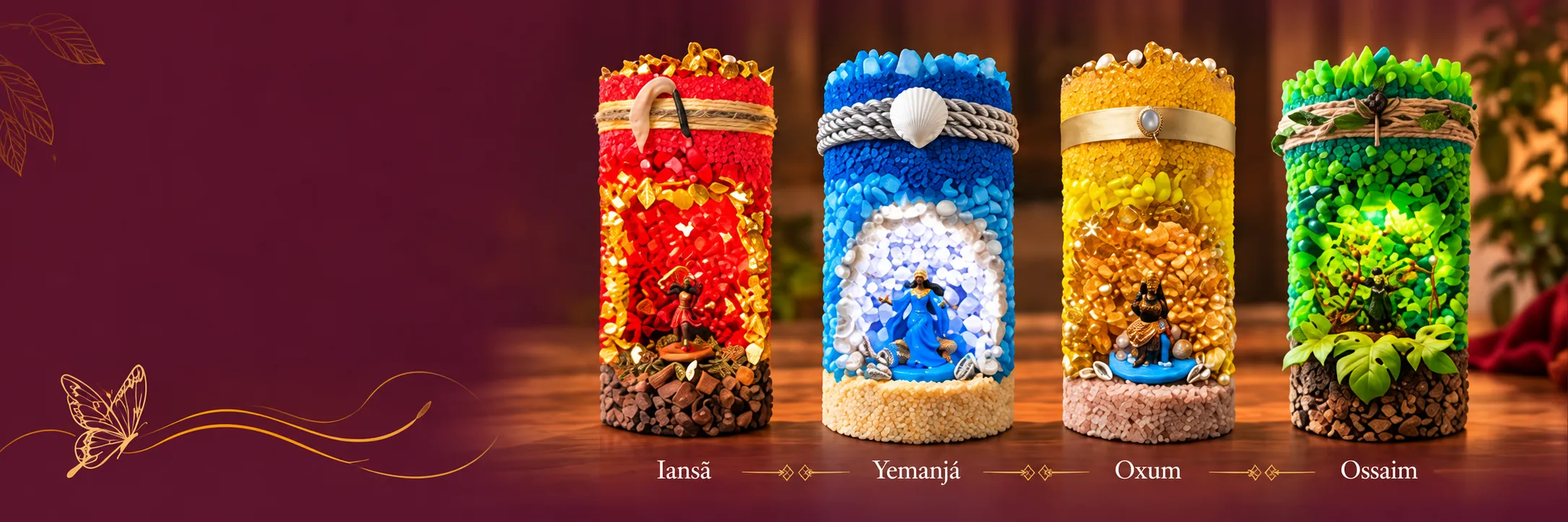 Quatro peças artesanais das linhas Iansã, Yemanjá, Oxum e Ossaim sobre fundo vinho, com folhagens douradas.