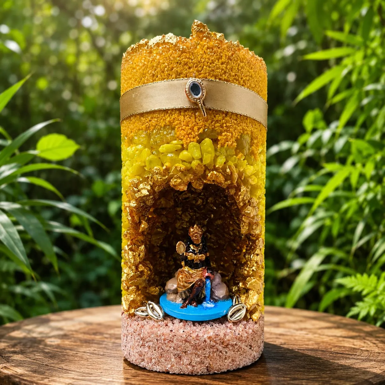 Porta-velas de Oxum em dourado, com nicho iluminado, fita champanhe e a imagem de Oxum com espelho.