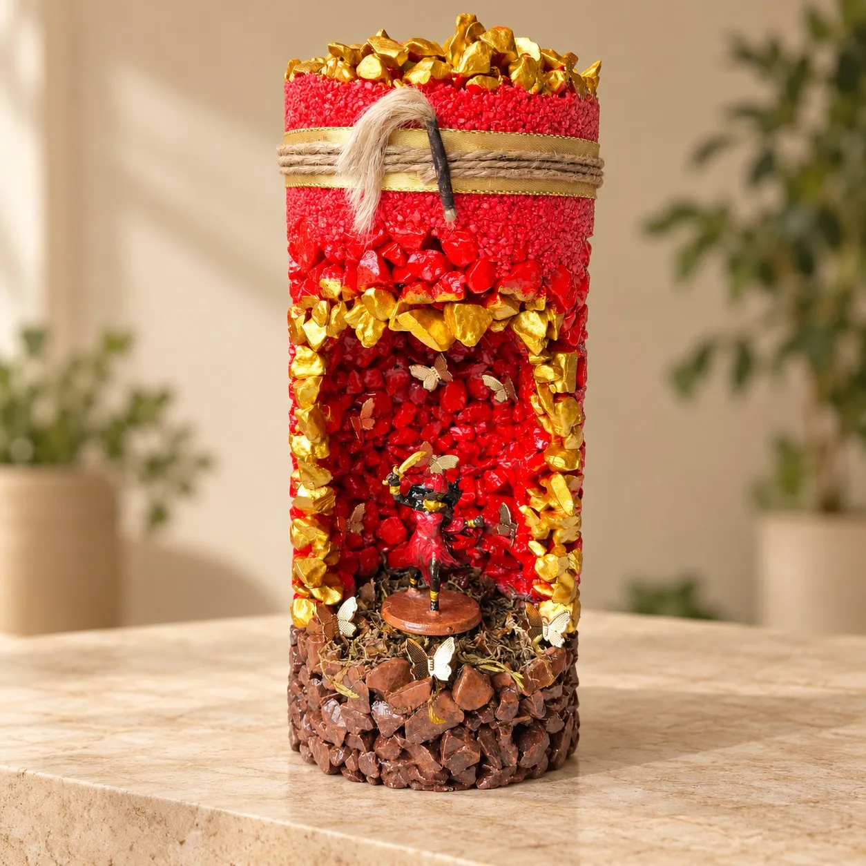Santuário artesanal de Iansã em vermelho e dourado, com chifre, arco de pedras douradas e a imagem da entidade sobre base de pedras.